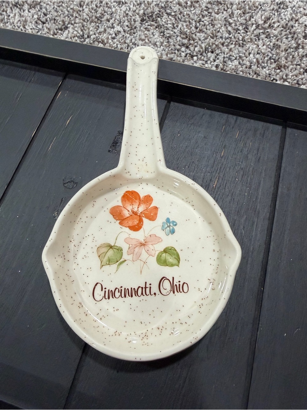 Vintage Cincinnati, Ohio Floral Ceramic Spoon Rest - Cream with Orange & Green